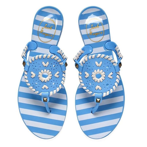 Jack Rogers French Blue & White Striped Georgica Jelly Sandal Flip Flops Size 9 - Picture 1 of 11